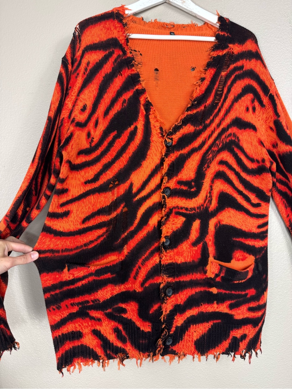 R13 Distressed Raw Edge Button Up Cardigan Sweater Tiger Stripe - Picture 6 of 9